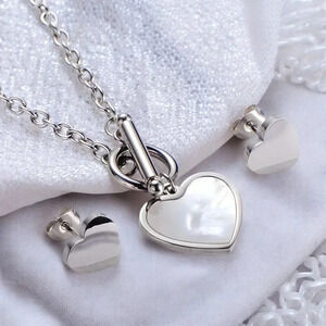 🆕️18K White Gold Plated Heart Jewelry Set 💖 Earrings & Necklace w/ Shell Inlay